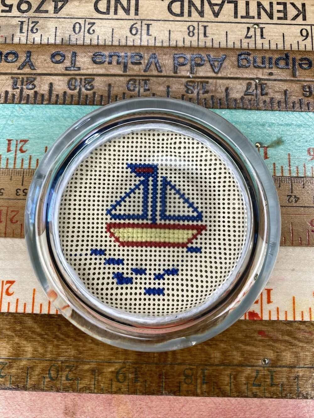 Vintage Hand Crafted Glass Paperweight Cross Stitch Sailboat Nautical MCM Retro